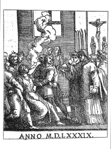 Exorcising scene in 1589 (engraving) (b/w photo) Exorcising scene in 1589 (engraving) (b/w photo)