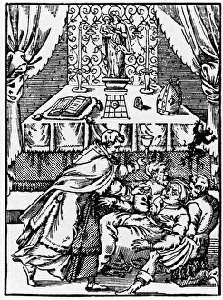Exorcism: a demon leaves the body of a witch possedee while a priest offers him Communion Exorcism: a demon leaves the body of a witch possedee while a priest offers him Communion