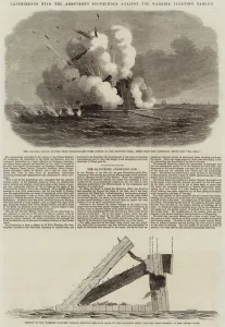 Experiments with the Armstrong 600-Pounder against the Warrior Floating Target (engraving) Experiments with the Armstrong 600-Pounder against the Warrior Floating Target (engraving)