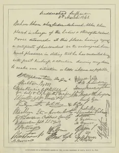 A Fac-Simile of a Certificate signed by the British Prisoners in Cabul, 11 March 1842 (engraving) A Fac-Simile of a Certificate signed by the British Prisoners in Cabul, 11 March 1842 (engraving)