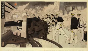 Facsimile of a Coloured Sketch by a Japanese War Artist, showing the Firing of a Gun on one of the Men-of-War during an Facsimile of a Coloured Sketch by a Japanese War Artist, showing the Firing of a Gun on one of the Men-of-War during an