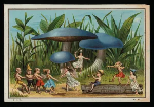 Fairies and elves pulling a wooden log, Christmas greetings card. (chromolitho) Fairies and elves pulling a wooden log, Christmas greetings card. (chromolitho)