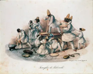 A family of pulcinella devouring pasta, 19th century (lithography) A family of pulcinella devouring pasta, 19th century (lithography)