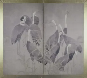 Eleven female cranes standing in dry reed bed, c.1700-50 (ink and colours on paper) Eleven female cranes standing in dry reed bed, c.1700-50 (ink and colours on paper)