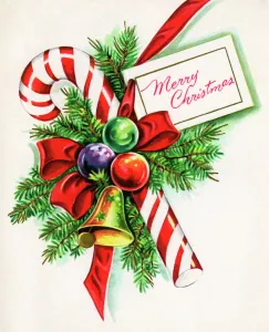 Festive Candy Cane Greetings, 1940s (lithograph) Festive Candy Cane Greetings, 1940s (lithograph)