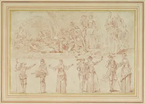 Two fetes galantes and studies of single figures and pairs (red chalk on paper) Two fetes galantes and studies of single figures and pairs (red chalk on paper)