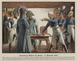 Field Marshal Blucher surrendering to the French at Katekau, 7 November 1806 (colour litho) Field Marshal Blucher surrendering to the French at Katekau, 7 November 1806 (colour litho)
