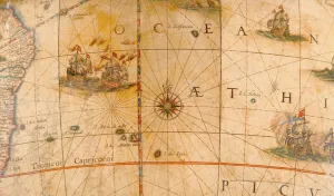 Detail of fighting ships in the Atlantic Ocean from a terrestrial globe 1645/48 (plaster Detail of fighting ships in the Atlantic Ocean from a terrestrial globe 1645/48 (plaster