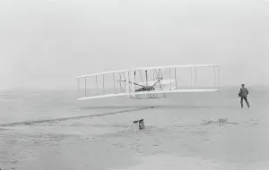 First flight, Kitty Hawk, North Carolina, 120 feet in 12 seconds, 10.35am December 17th 1903 (b/w photo) First flight, Kitty Hawk, North Carolina, 120 feet in 12 seconds, 10.35am December 17th 1903 (b/w photo)