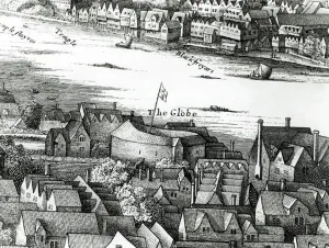 The First Globe Theatre or Rose Theatre (engraving) (b/w photo) The First Globe Theatre or Rose Theatre (engraving) (b/w photo)