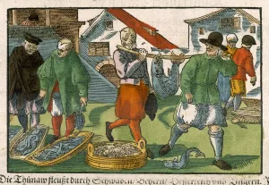 Fishmarket, from a German manuscript, c.1650 (hand-coloured woodcut) Fishmarket, from a German manuscript, c.1650 (hand-coloured woodcut)