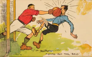 Fisting out the Ball, a mounted postcard (colour litho) Fisting out the Ball, a mounted postcard (colour litho)