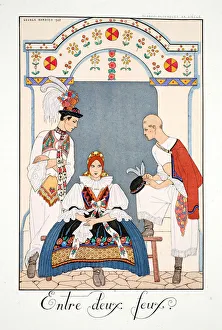 Between Two Flames, from Falbalas & Fanfreluches, Almanach des Modes Presentes, Passees et Futures, 1923 (colour litho) Between Two Flames, from Falbalas & Fanfreluches, Almanach des Modes Presentes, Passees et Futures, 1923 (colour litho)