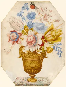Flowers in a vase which stands on a marble ledge with a butterfly resting on the flower Flowers in a vase which stands on a marble ledge with a butterfly resting on the flower