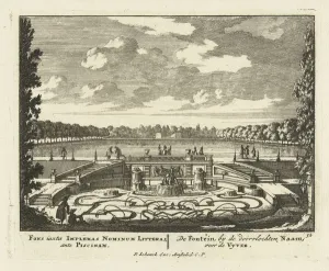 Fountain at the large pond in the gardens of Paleis Het Loo, 1695-1705 (engraving) Fountain at the large pond in the gardens of Paleis Het Loo, 1695-1705 (engraving)