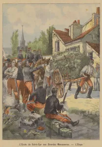 French Army cadets from the Saint-Cyr military academy taking part on the army's grand manoeuvres (colour litho) French Army cadets from the Saint-Cyr military academy taking part on the army's grand manoeuvres (colour litho)