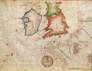 The French Coast, England, Scotland and Ireland, from a nautical atlas, 1520 (ink on vellum) The French Coast, England, Scotland and Ireland, from a nautical atlas, 1520 (ink on vellum)
