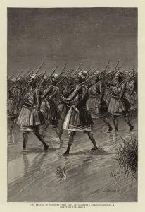 The French in Dahomey, the King of Dahomey's Amazons crossing a swamp on the March (engraving) The French in Dahomey, the King of Dahomey's Amazons crossing a swamp on the March (engraving)