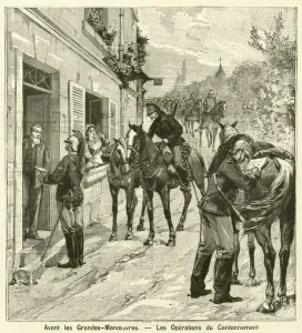 French soldiers arranging their billets before the annual grand manoeuvres (engraving) French soldiers arranging their billets before the annual grand manoeuvres (engraving)