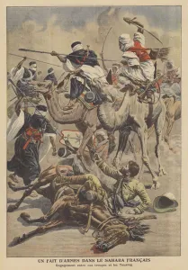 French soldiers battling the Tuaregs in the Sahara (colour litho) French soldiers battling the Tuaregs in the Sahara (colour litho)