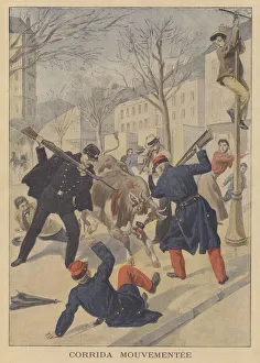 French soldiers and police killing an escaped cow in Limoges (colour litho) French soldiers and police killing an escaped cow in Limoges (colour litho)