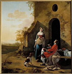 Gallant conversation at the entrance of an inn Painting by Jan Van der Meer (1630-1692), 1653 Sun. 0, 7x0, 66m Gallant conversation at the entrance of an inn Painting by Jan Van der Meer (1630-1692), 1653 Sun. 0, 7x0, 66m