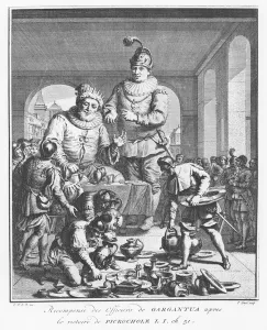 Gargantua rewarding officers after the victory of Picrochole, illustration from The Gargantua rewarding officers after the victory of Picrochole, illustration from The