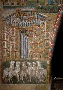 The Gate of Jerusalem with lambs symbolising the Apostles (mosaic) The Gate of Jerusalem with lambs symbolising the Apostles (mosaic)