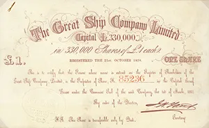 A £1 share certificate issued by The Great Ship Company Limited (engraving) A £1 share certificate issued by The Great Ship Company Limited (engraving)