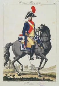 Gendarme mounted on a horse, 1807 (colour engraving) Gendarme mounted on a horse, 1807 (colour engraving)