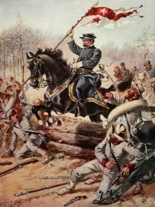 General Sheridan at the Battle of Five Forks, Virginia, 1st April, 1865 (colour litho) General Sheridan at the Battle of Five Forks, Virginia, 1st April, 1865 (colour litho)