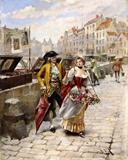 Gentleman and Flower Girl near Book Stalls by the Seine, (oil on panel) Gentleman and Flower Girl near Book Stalls by the Seine, (oil on panel)