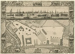 A geometrical plan and north east elevation of His Majesty's Dock Yard at Deptford with part of the town (engraving) A geometrical plan and north east elevation of His Majesty's Dock Yard at Deptford with part of the town (engraving)