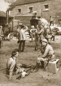 Germans forcing a French farmer to thresh his corn for their benefit (litho) Germans forcing a French farmer to thresh his corn for their benefit (litho)