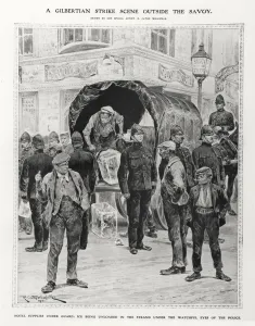 A Gilbertian strike scene outside the Savoy, 1910 (litho) (b/w photo) A Gilbertian strike scene outside the Savoy, 1910 (litho) (b/w photo)