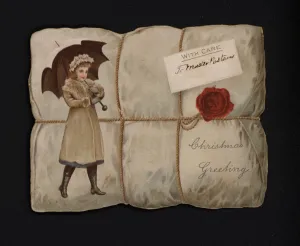 Girl carrying an umbrella on the wrapping of a parcel, Christmas greetings card Girl carrying an umbrella on the wrapping of a parcel, Christmas greetings card