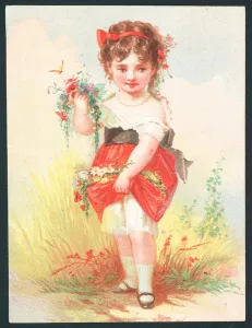 Girl with flowers and butterfly - Victorian greetings card (chromolitho) Girl with flowers and butterfly - Victorian greetings card (chromolitho)