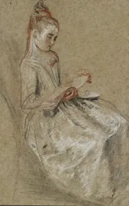 Girl Seated with a Book of Music on her Lap (black, red & white chalks on coarse-textured Girl Seated with a Book of Music on her Lap (black, red & white chalks on coarse-textured