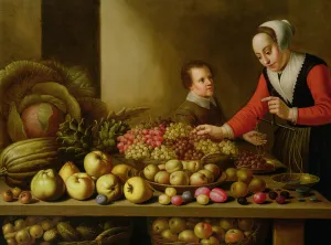 Girl selling grapes from a large table laden with fruit and vegetables Girl selling grapes from a large table laden with fruit and vegetables