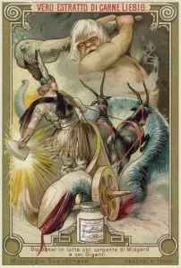The god Thor battling the Midgard serpent and the giants (chromolitho) The god Thor battling the Midgard serpent and the giants (chromolitho)