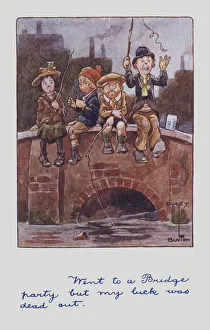 Group of children fishing from a bridge (colour litho) Group of children fishing from a bridge (colour litho)