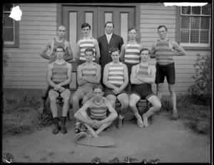 Group of unidentified young men posing in swimming costume, c.1910 (b/w photo) Group of unidentified young men posing in swimming costume, c.1910 (b/w photo)