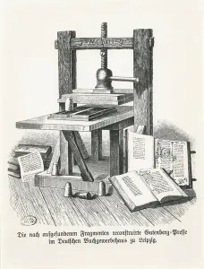 Gutenberg's press, reconstructed, and housed in the Deutsche Buchgewerbehaus at Gutenberg's press, reconstructed, and housed in the Deutsche Buchgewerbehaus at