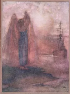 Vintage Engravings For Sale Prints: Halifax. Into the mist my guardian prows put forth (litho)