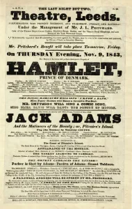 Handbill advertising a performance of Hamlet at the Theatre, Leeds Handbill advertising a performance of Hamlet at the Theatre, Leeds