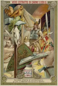 Heimdallr blowing the Gjallar horn to summon the gods of Valhalla to combat (chromolitho) Heimdallr blowing the Gjallar horn to summon the gods of Valhalla to combat (chromolitho)