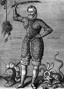 Henri IV (1553-1610) French king in 1589-1610, here wearing an armour, holding a sword, as a righter of wrongs Henri IV (1553-1610) French king in 1589-1610, here wearing an armour, holding a sword, as a righter of wrongs