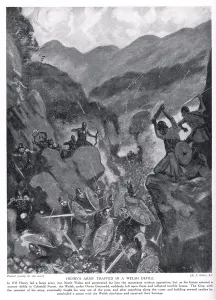 Henry's army trapped in a Welsh defile, 1920's (litho) Henry's army trapped in a Welsh defile, 1920's (litho)
