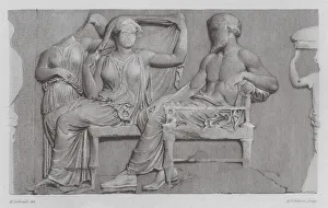 Hera and Zeus, ancient Greek marble relief from the Parthenon Frieze (engraving) Hera and Zeus, ancient Greek marble relief from the Parthenon Frieze (engraving)