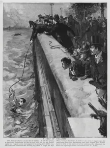 Heroic rescue of a boy who fell into the River Thames from Chelsea Embankment, London (litho) Heroic rescue of a boy who fell into the River Thames from Chelsea Embankment, London (litho)